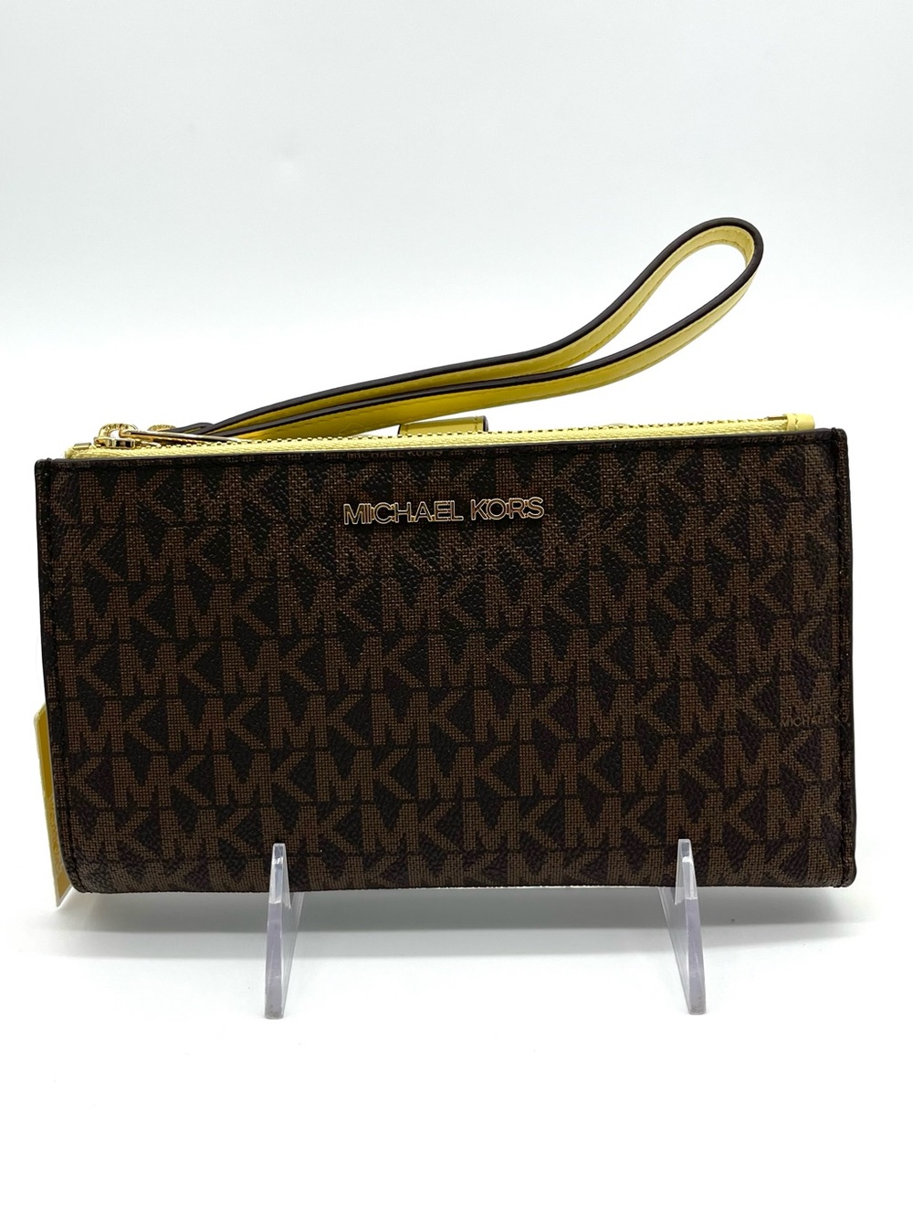 Michael Kors Large Double Zip Brown MK Logo Wristlet with Yellow Trim